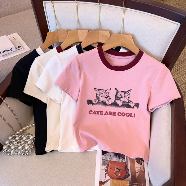 RM6069#夏装新款胖妹妹卡通猫咪印花短袖字母上衣T恤百搭潮