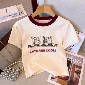 RM6069#夏装新款胖妹妹卡通猫咪印花短袖字母上衣T恤百搭潮