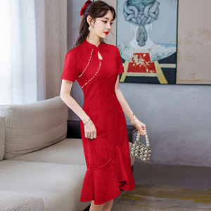 RM4045#春夏新款现货优雅复古气质修身年轻款改良旗袍蕾丝连衣裙