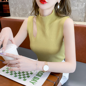 RM5759#不规则设计感镂空锁骨半高领背心小衫打底无袖短款上衣外穿