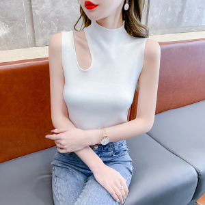 RM5759#不规则设计感镂空锁骨半高领背心小衫打底无袖短款上衣外穿