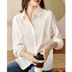RM4860#新款气质翻领缩褶白色衬衫女简约长袖宽松显瘦衬衣
