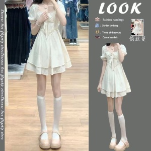 RM5783#纯欲白色连衣裙子茶歇法式初恋甜辣妹设计感小众泡泡袖仙女裙夏季