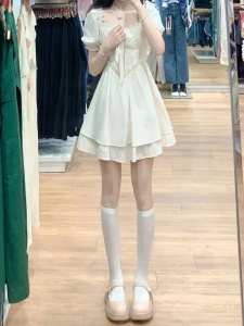 RM5783#纯欲白色连衣裙子茶歇法式初恋甜辣妹设计感小众泡泡袖仙女裙夏季