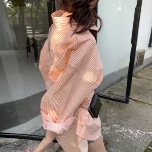 TR30913# 橘色竖条纹衬衫女复古港味秋新款设计感小众宽松长袖上衣外套