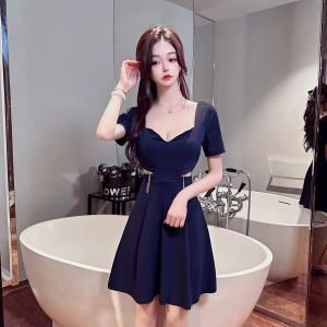 Sexy hollowed-out waistband short-sleeved large swing dress
