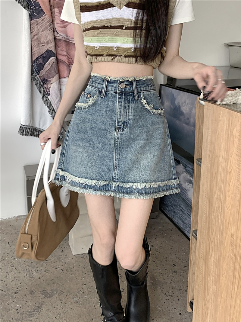Actual shot and real price ~ New style high-waisted slimming raw edge design anti-exposure A-line denim skirt