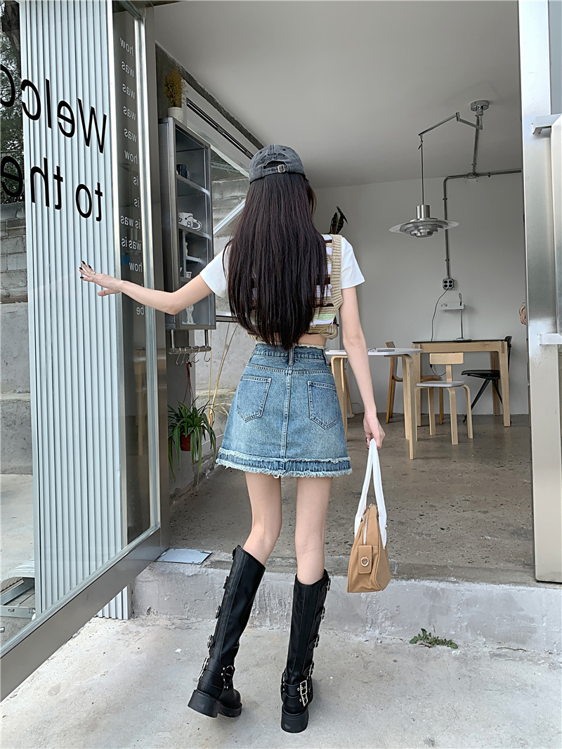 Actual shot and real price ~ New style high-waisted slimming raw edge design anti-exposure A-line denim skirt