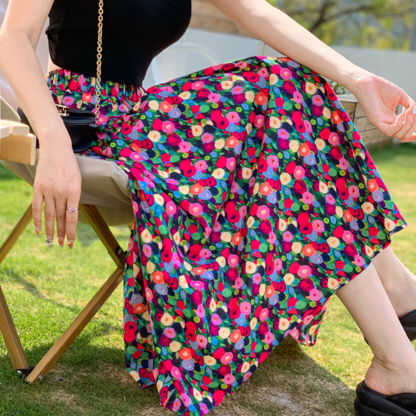RM15293#春夏新款油画印花中长款半身裙A字裙高腰长裙