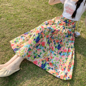 RM15293#春夏新款油画印花中长款半身裙A字裙高腰长裙