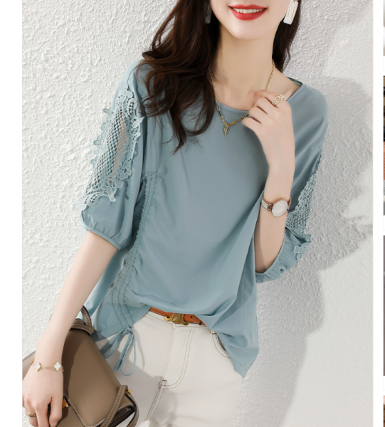 RM5685#春夏季新款拼接显瘦褶皱抽绳设计感小众超美小衫女式T恤修身