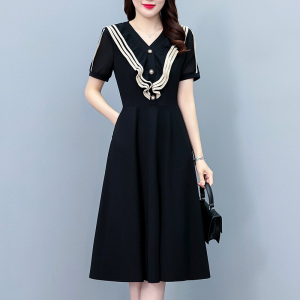 RM19362#气质优雅夏季新款大码女装胖mm中长款短袖连衣裙子阔太太黑色修身