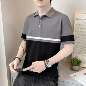 RM14644#撞色条纹POLO衫男2023夏季新款纯色商务短袖立领男士修身上衣