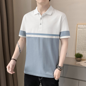 RM14644#撞色条纹POLO衫男2023夏季新款纯色商务短袖立领男士修身上衣