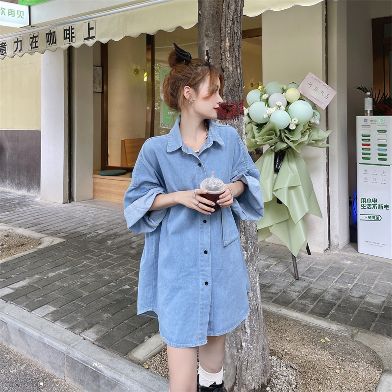 Actual shot and real price ~ denim shirt jacket women's new style lazy BF style loose mid-length retro short-sleeved top ins