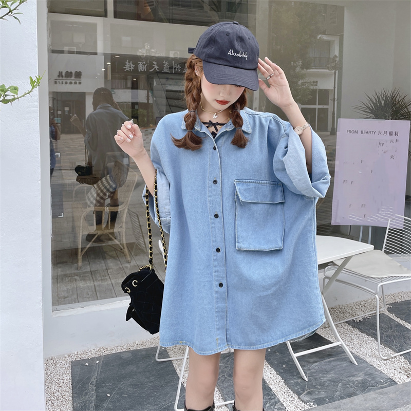 Actual shot and real price ~ denim shirt jacket women's new style lazy BF style loose mid-length retro short-sleeved top ins