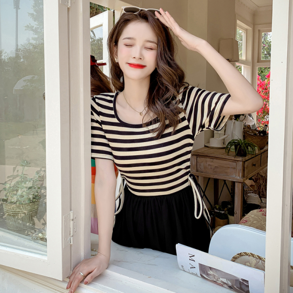 RM14525#春夏新款韩版时尚短袖拼接显瘦腰间抽绳纯棉连衣裙