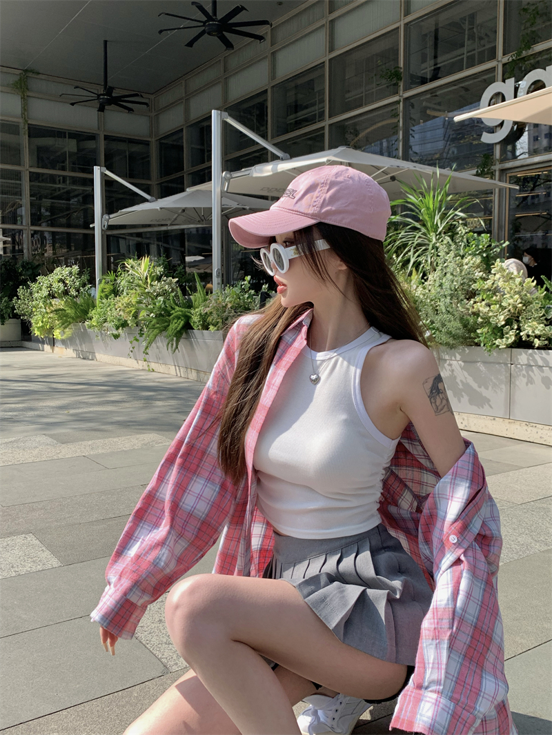 实拍：休闲减龄粉色格子衬衫长袖防晒外套女潮韩版夏季宽松型