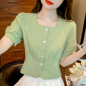 RM11242#夏季新款设计感方领短袖衬衫女纯色小清新收腰修身短款上衣潮