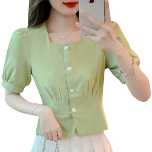 RM11242#夏季新款设计感方领短袖衬衫女纯色小清新收腰修身短款上衣潮