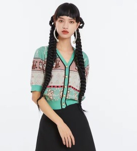 RM4089#绿色卡通v领针织开衫女春夏季新款时尚短袖毛衣