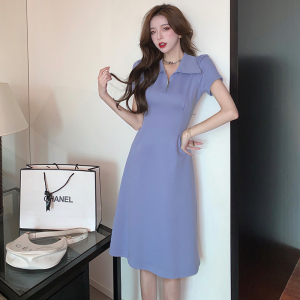 2023 New South Korean Summer Solid Color Waist Wrap Show Thin Polo Neck Design Sense Temperament Long Dress Women