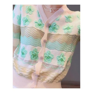 RM4091#夏季冰感开衫女薄款短袖V领重工钉珠冰丝单排扣针织衫
