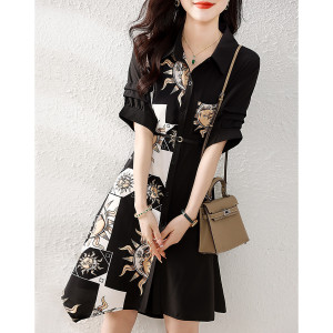 RM6702#艺术绘画衬衣连衣裙夏季法式印花高级感裙子收腰显瘦连衣裙女