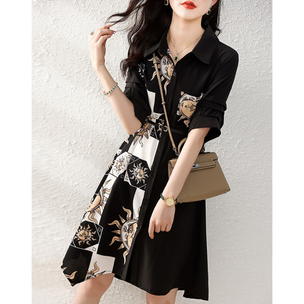 RM6702#艺术绘画衬衣连衣裙夏季法式印花高级感裙子收腰显瘦连衣裙女