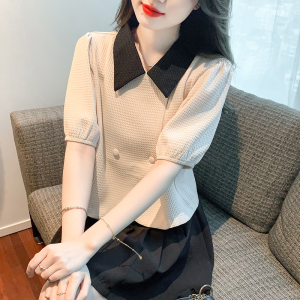 RM5698#夏季新款娃娃领蕾丝衫/雪纺衫泡泡袖双排扣韩版常规