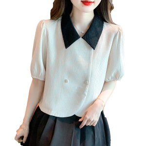 RM5698#夏季新款娃娃领蕾丝衫/雪纺衫泡泡袖双排扣韩版常规