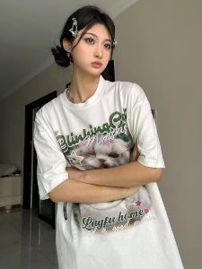 RM6070#美式复古t恤女夏季新款韩版ins卡通可爱小猫图案短袖上衣