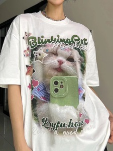 RM6070#美式复古t恤女夏季新款韩版ins卡通可爱小猫图案短袖上衣