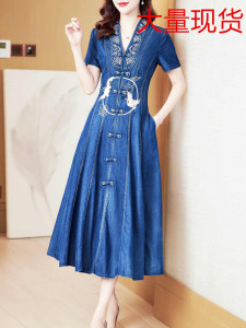 RM5064#夏季新款高端重工刺绣V领旗袍改良版牛仔连衣裙女收腰长裙
