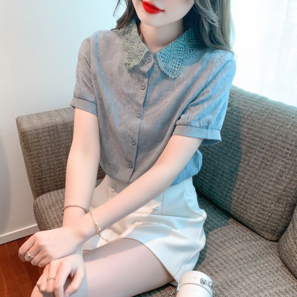 RM5235#夏季新款蕾丝衬衫领雪纺衫衬衫短袖上衣洋气减龄小衫女