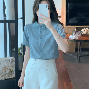 RM5235#夏季新款蕾丝衬衫领雪纺衫衬衫短袖上衣洋气减龄小衫女