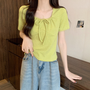 RM16269#夏季新款法式方领短袖T恤独特小众甜辣系带显瘦上衣
