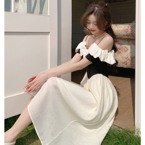 TR18798# 韩版一字肩荷叶边拼接连衣裙小众设计感气质显瘦中长裙 服装批发女装服饰货源