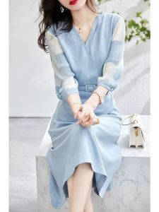 RM12310#印花压皱雪纺拼接2023春新V领收腰七分袖连衣裙女长款