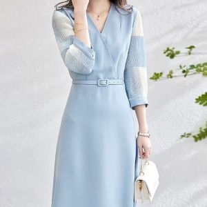 RM12310#印花压皱雪纺拼接2023春新V领收腰七分袖连衣裙女长款