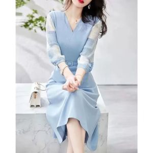 RM12310#印花压皱雪纺拼接2023春新V领收腰七分袖连衣裙女长款