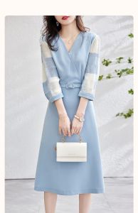 RM12310#印花压皱雪纺拼接2023春新V领收腰七分袖连衣裙女长款