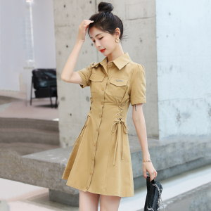 RM7023#夏装新款翻领气质抽绳显瘦轻奢连衣裙小个子设计感衬衫裙