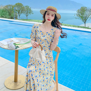RM12521#碎花连衣裙女夏法式复古温柔风显瘦收腰雪纺长裙过膝裙子