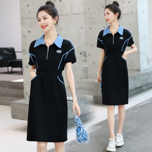 RM7024#设计感拼接黑色连衣裙女2023年夏季中长款收腰显瘦休闲卫衣裙