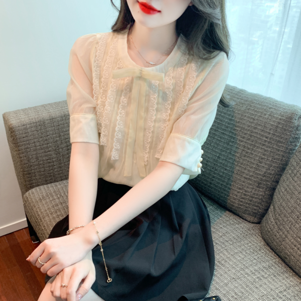 RM5236#夏季新款蝴蝶结雪纺衫衬衣蕾丝花边短袖上衣洋气小衫女