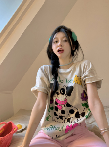 RM4108#100%纯棉后包领bm潮牌网红韩版打底衫上衣卡通印花短袖T恤女