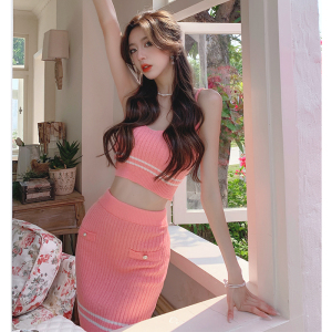 Summer Knitted Strap Tank Top Half Skirt Small Fragrance Style Slim Fashion Two Piece Set