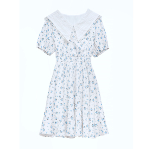 RM12522#娃娃领碎花连衣裙女法式夏新款甜美小清新白色高腰裙