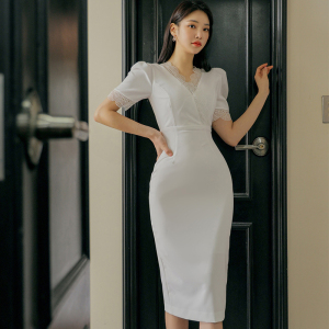 RM4616#新款韩版名媛气质花边V领修身中长款性感包臀连衣裙